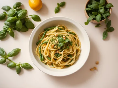 Linguine with basil pesto, green beans and cannellini