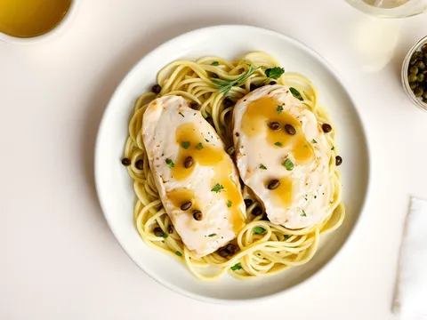 Chicken piccata with lemon, capers and linguine