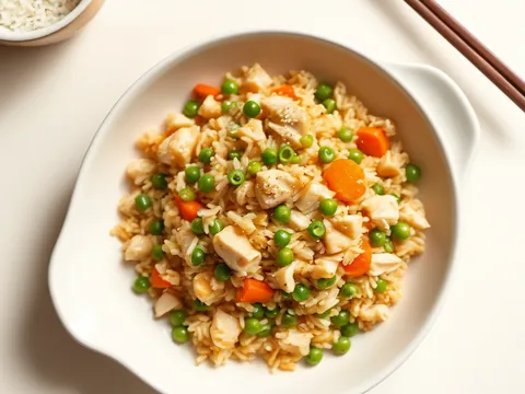 Cantonese chicken, egg and pea fried rice