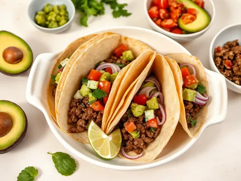 Spiced beef tacos with pico de gallo and guacamole